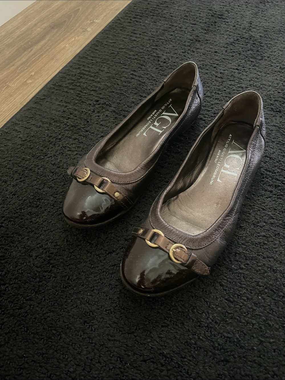 AGL Brown Leather and Patent Toe Ballet Flats with Gold Buckle